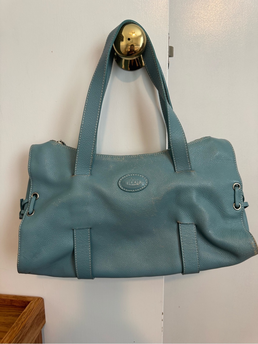 TOD'S Teal-Blue Pebbled Leather Shoulder Bag